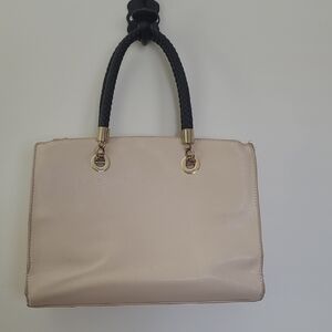 Handbag Cream Black Braided Handles Gold Accent